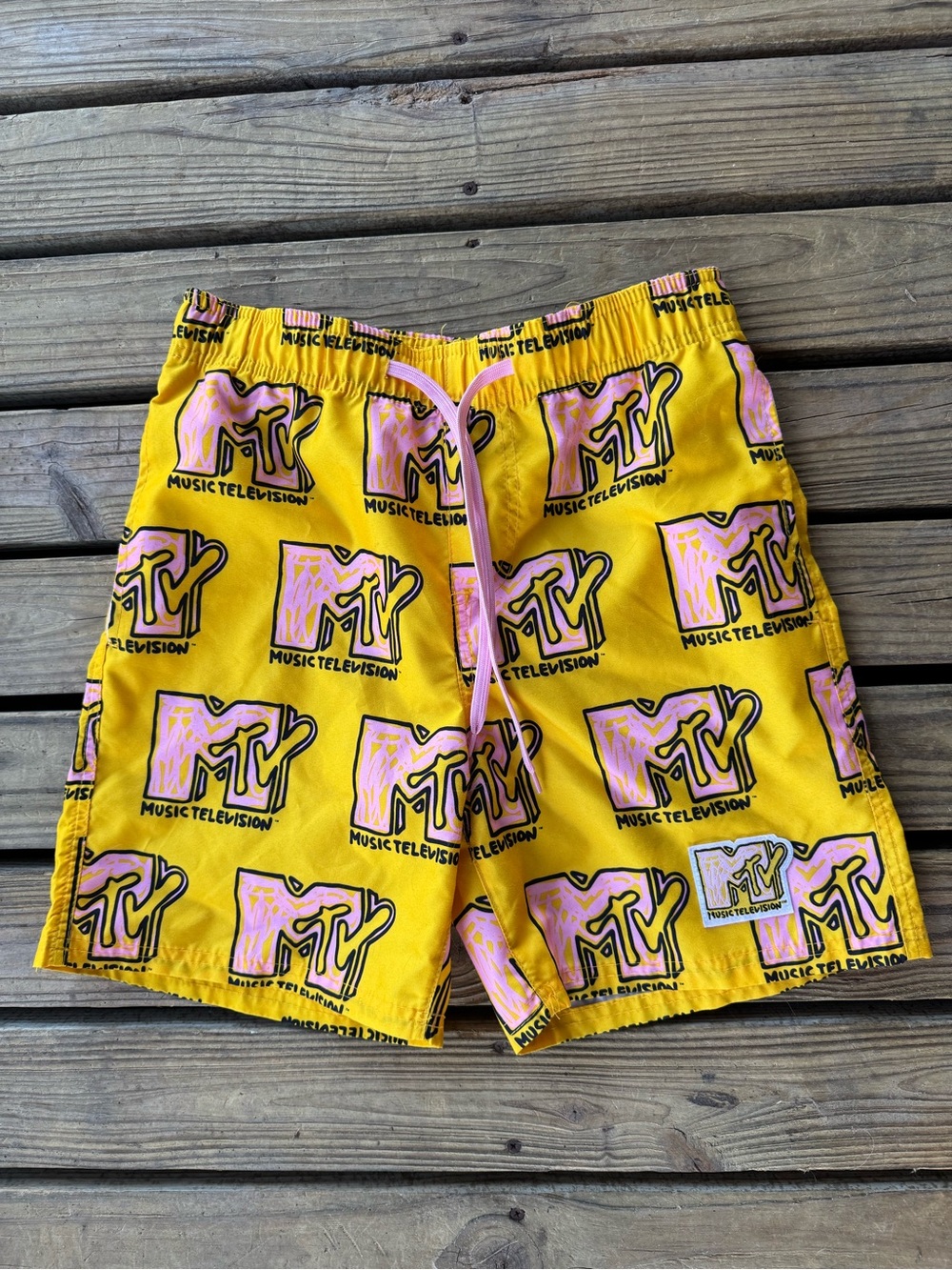 MTV Yellow Swim Style Shorts with Pink Logo Print sz small